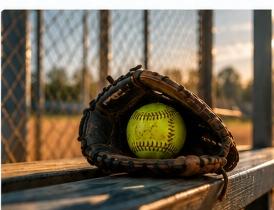 Guante de softball con pelota en banco de madera
